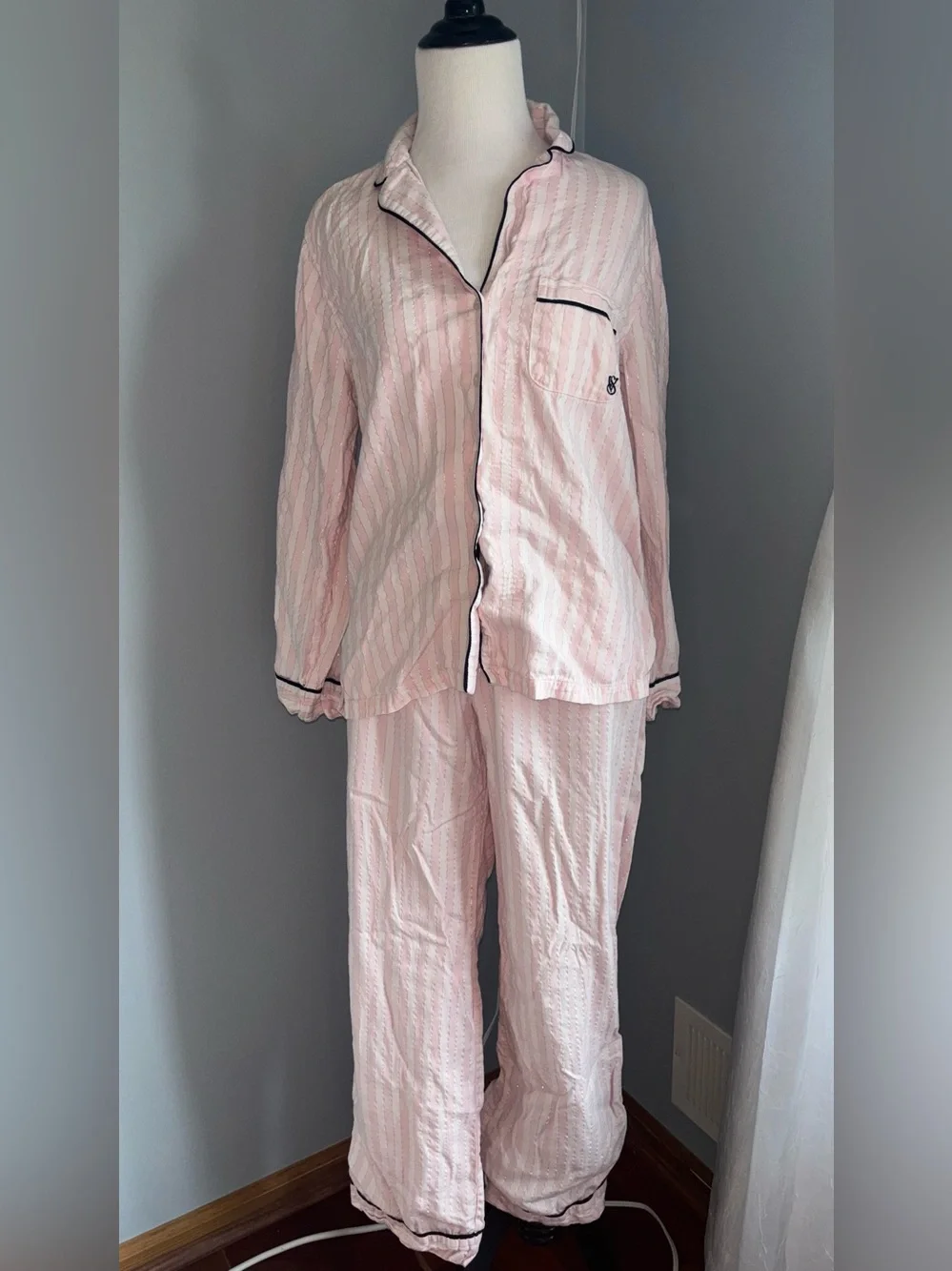 Victoria's Secret Pale Pink Pajama Set with Black Piping